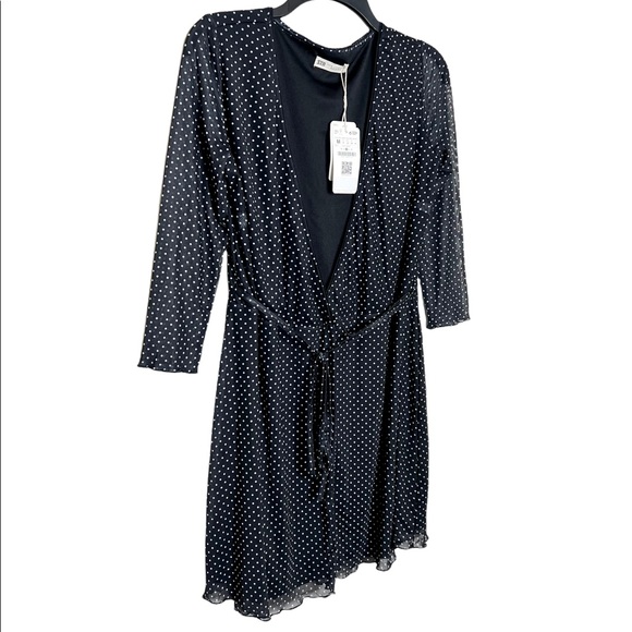 STR Wrap Mesh Mini Dress in Polka Dot Black Size Medium - Picture 2 of 5